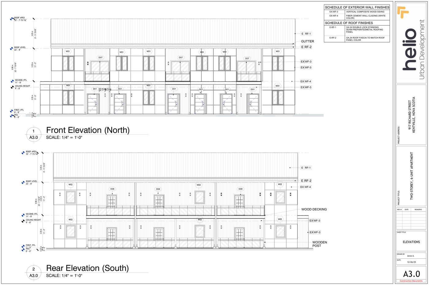 Front (north) and rear (south) building elevations for 917 Richard Street