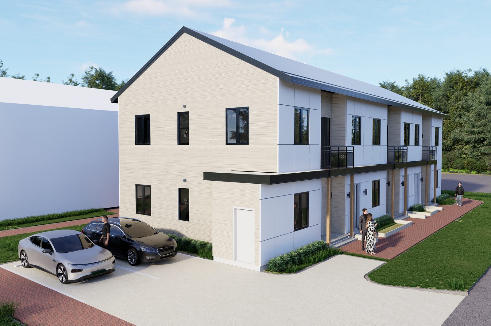 Corner perspective rendering of 917 Richard Street showing parking side and front entries