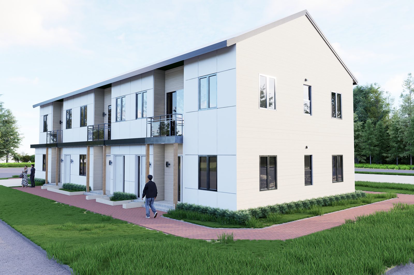 Rear corner rendering showing brick walkway and side elevation