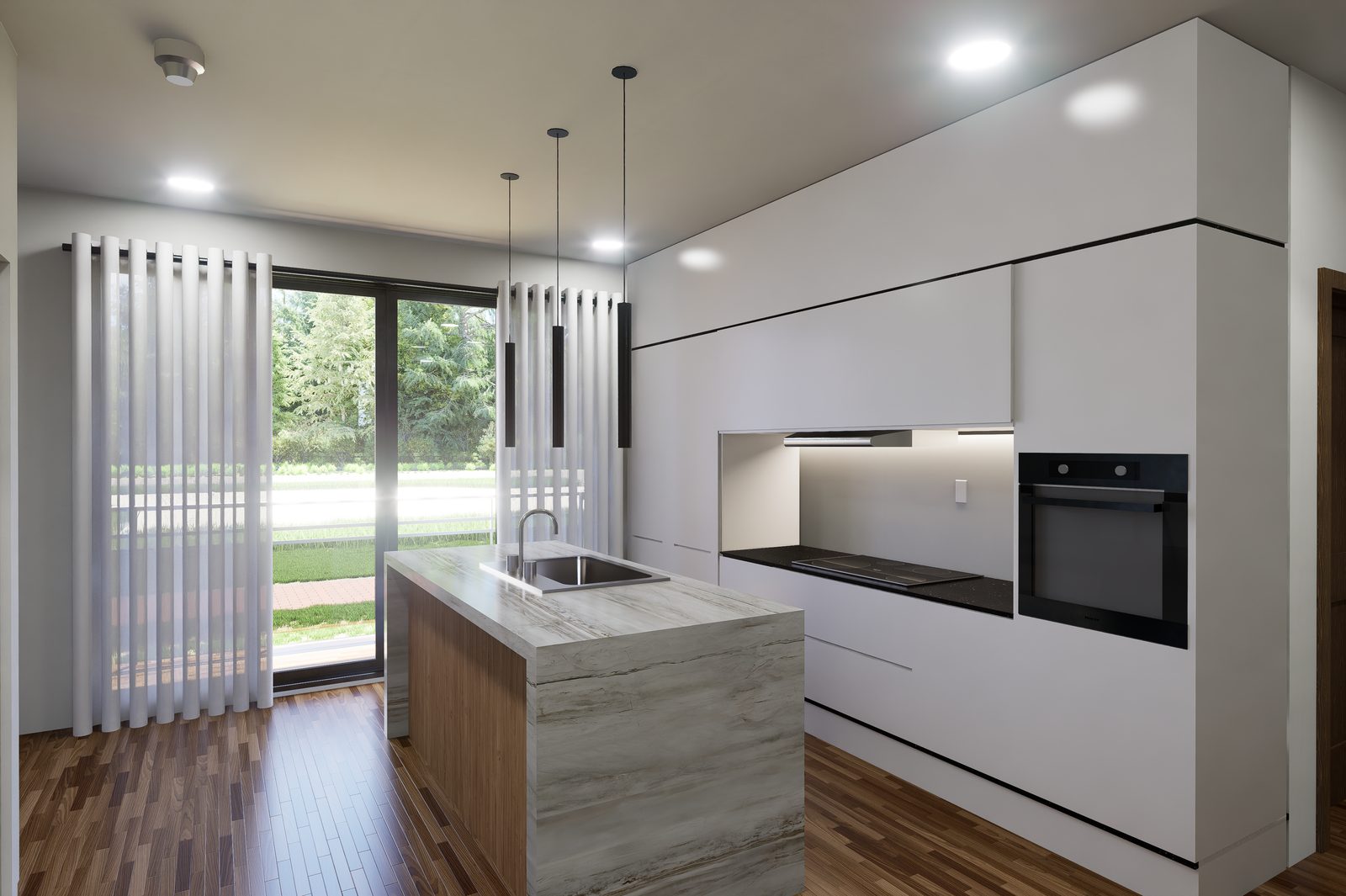Interior rendering of kitchen with island facing sliding balcony door
