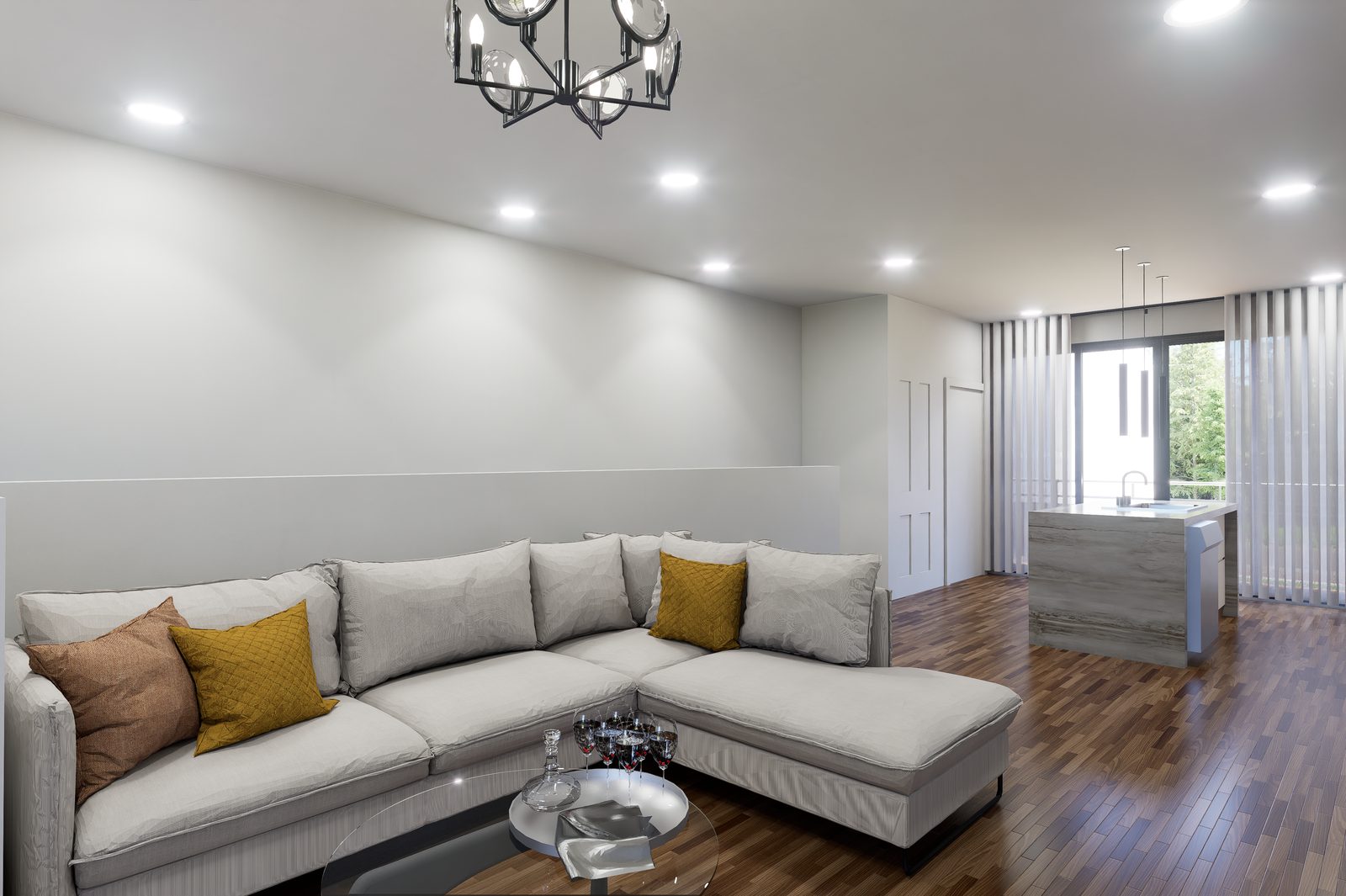 Interior rendering of living room with sectional sofa looking toward kitchen