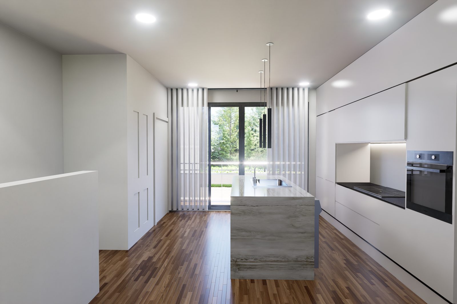 Interior rendering of kitchen from entry hallway showing built-in appliances