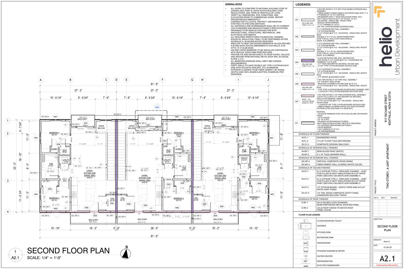 Dimensioned second floor plan showing three 2-bedroom units